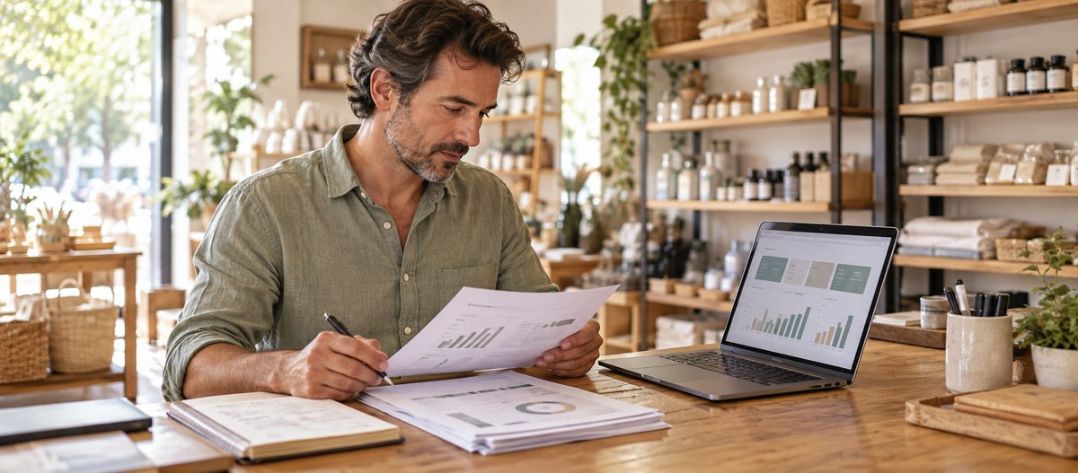 Small business owner comparing a laptop dashboard with printed weekly reports at a sunlit shop counter.