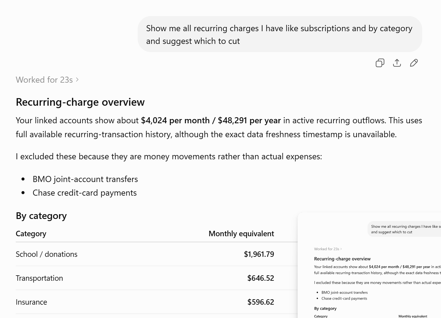 ChatGPT summarizing recurring monthly and yearly charges by category