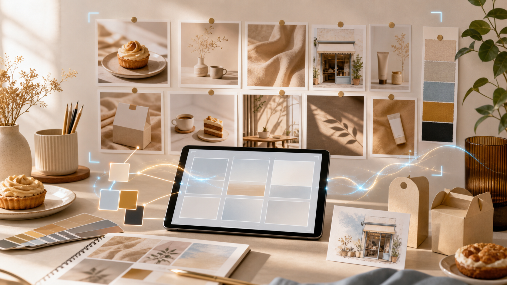 Small business moodboard with brand color swatches and a tablet generating on-brand product imagery