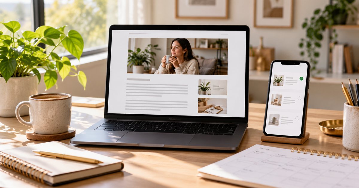 Laptop showing a blog page beside a phone with three topic choices and an approved option on a sunlit desk