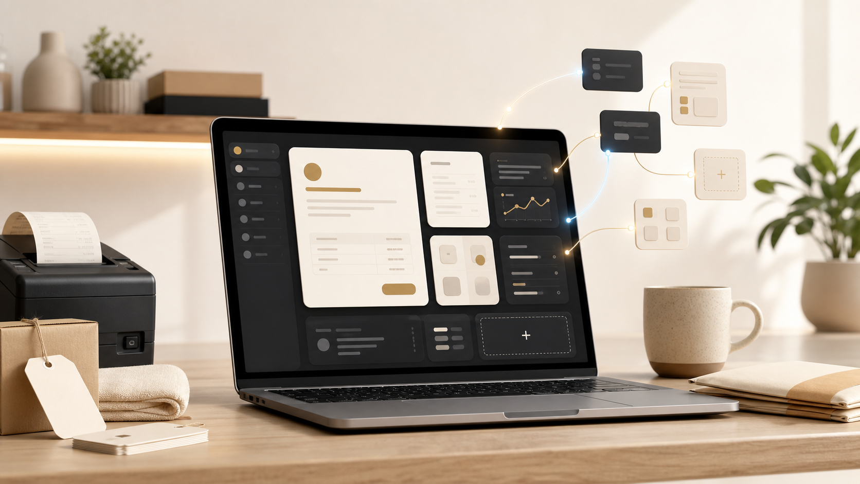 Laptop showing a custom invoicing app dashboard on a small business desk with a receipt printer