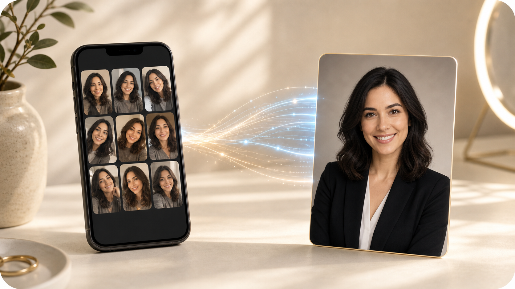 Phone showing a grid of selfies next to a polished AI-generated headshot in a frame