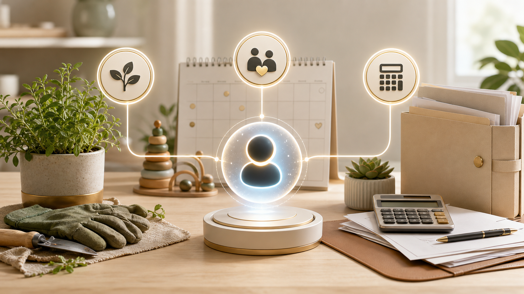 Glowing assistant orb on a desk surrounded by gardening, parenting, and finance icons
