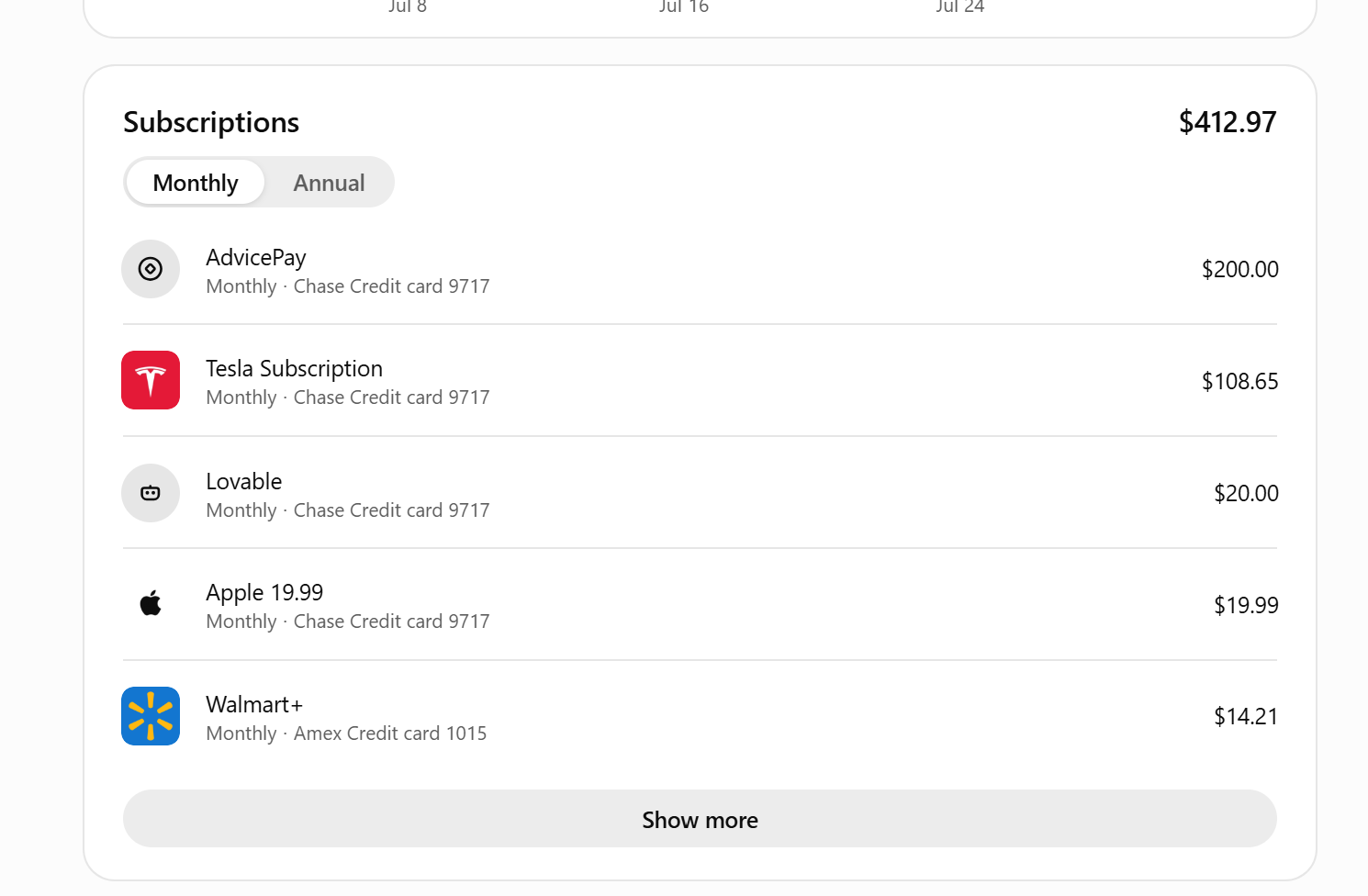 Subscriptions view listing AdvicePay, Tesla, Lovable, Apple, and Walmart+ with monthly totals