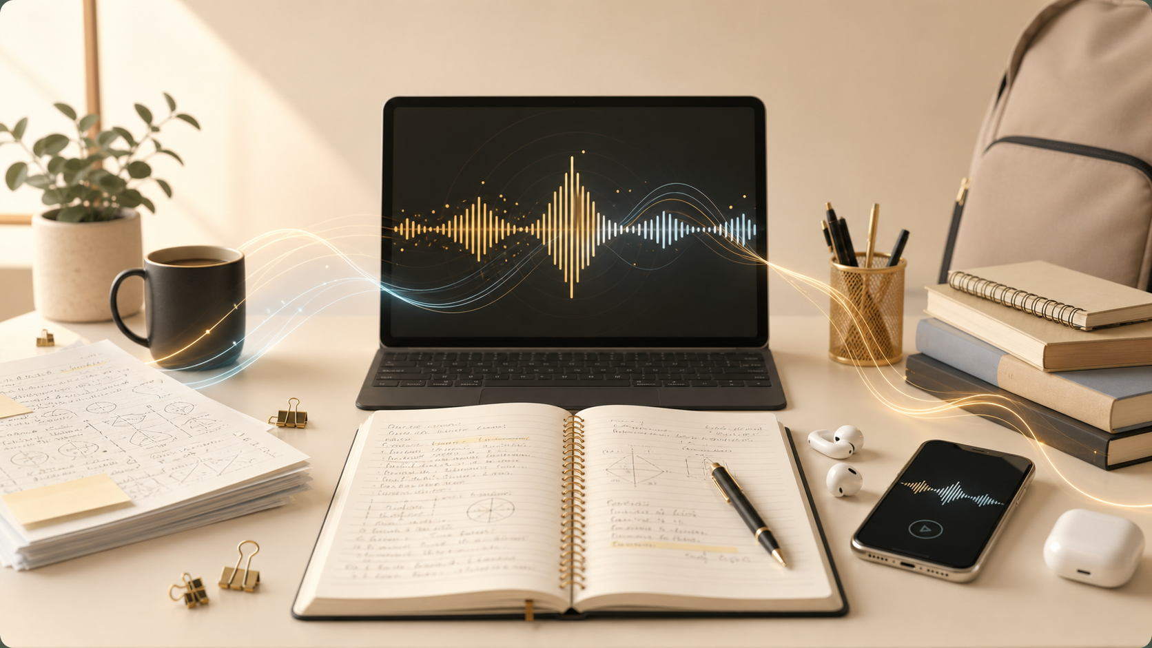 Laptop on a study desk with a glowing audio waveform on screen, an open notebook, phone, and earbuds nearby