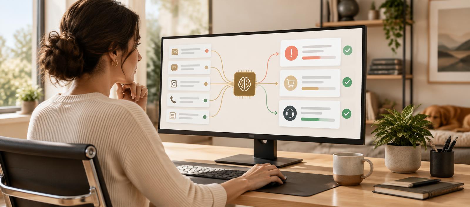 A small business owner reviewing an AI system that sorts incoming work into clear action lanes