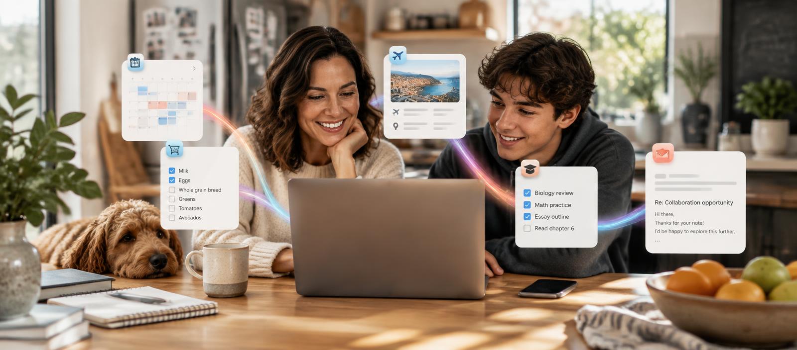 An adult and student using a personal AI agent to coordinate a calendar, shopping list, trip, schoolwork, and email